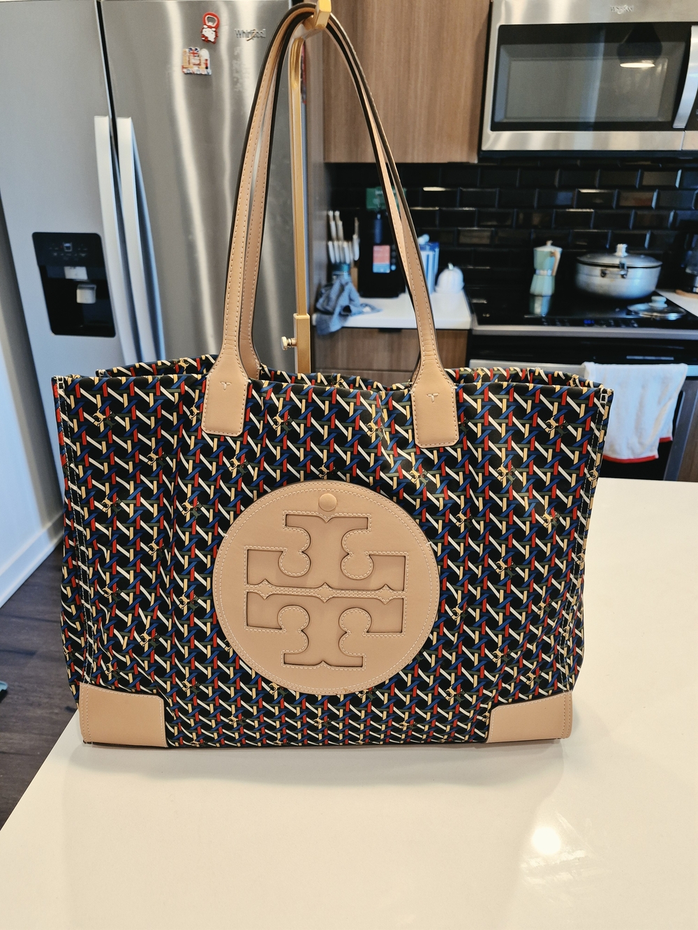 Tory Burch Beige-Trim Multicolor Woven Tote